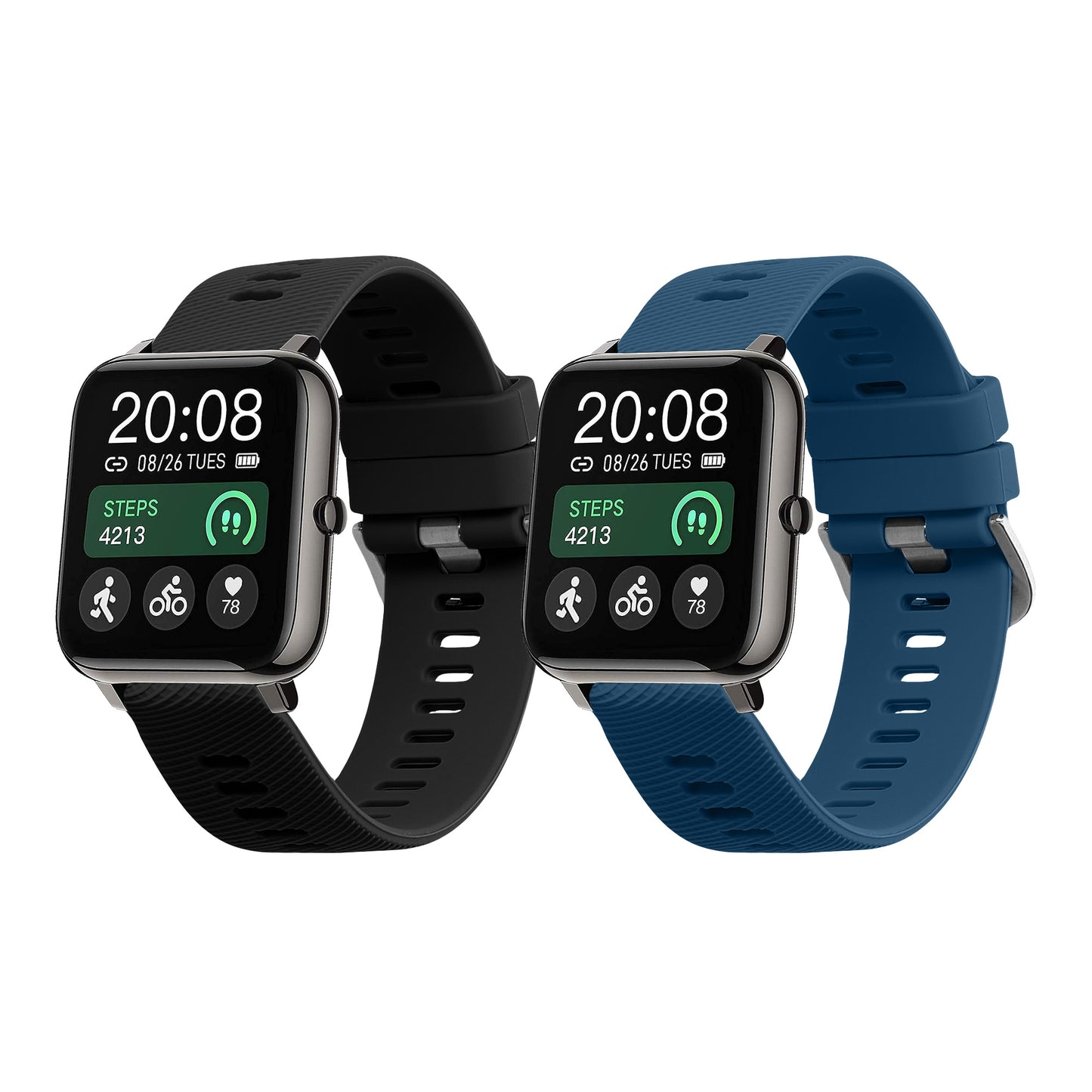 kwmobile 2x Uhrenarmband für Popglory P66 22mm Armband - Fitnesstracker Band Set aus TPU Silikon - Ersatzarmband Smartwatch - Schwarz Blau Schwarz  