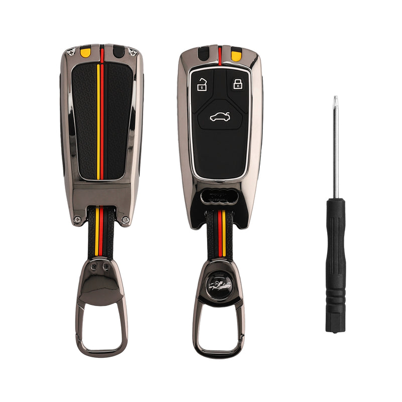 kwmobile Auto Schlüsselhülle kompatibel mit Audi 3-Tasten Smartkey Autoschlüssel (nur Keyless Go) Hülle - Smart Key Metallrahmen mit Silikon Case - Deutschland Streifen Schwarz  [dsg01]