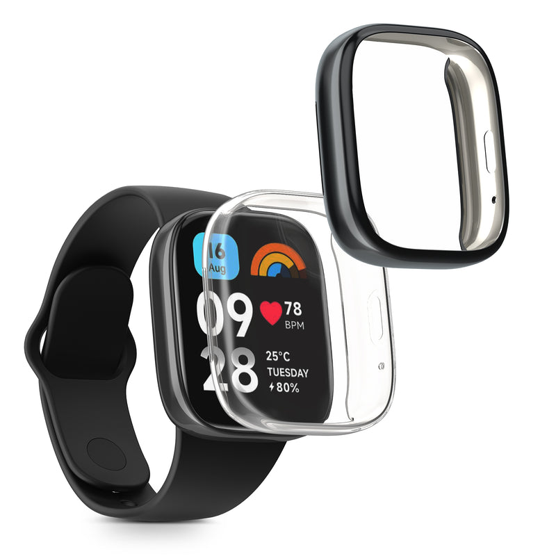 kwmobile 2x Schutzhülle kompatibel mit Xiaomi Redmi Watch 3 Active Hülle - Fullbody Cover Set aus Silikon - Transparent Schwarz Transparent  [dsg03]