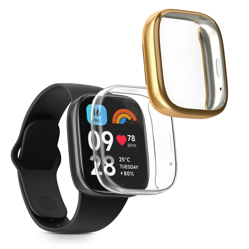 kwmobile 2x Schutzhülle kompatibel mit Xiaomi Redmi Watch 3 Active Hülle - Fullbody Cover Set aus Silikon - Transparent Gold Transparent  [dsg05]