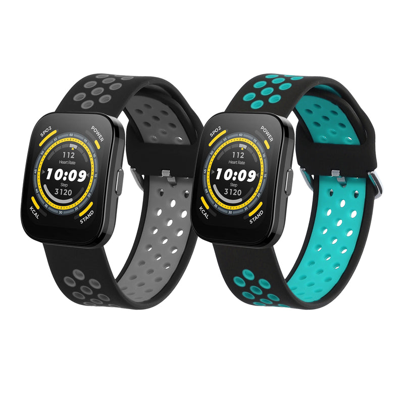 kwmobile 2x Uhrenarmband für Huami 22mm Amazfit Bip 6 / Bip 5 Unity / Bip 5 / GTS 3 / Balance 2 / Helio Strap Armband - Fitnesstracker Band Set aus TPU Silikon - Ersatzarmband Smartwatch - Schwarz Grau Schwarz Blau Schwarz  [dsg02]