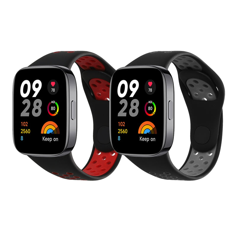 kwmobile 2x Uhrenarmband für Xiaomi Redmi Watch 3 Active Armband - Fitnesstracker Band Set aus TPU Silikon - Ersatzarmband Smartwatch - Schwarz Grau Schwarz Rot Schwarz  [dsg01]