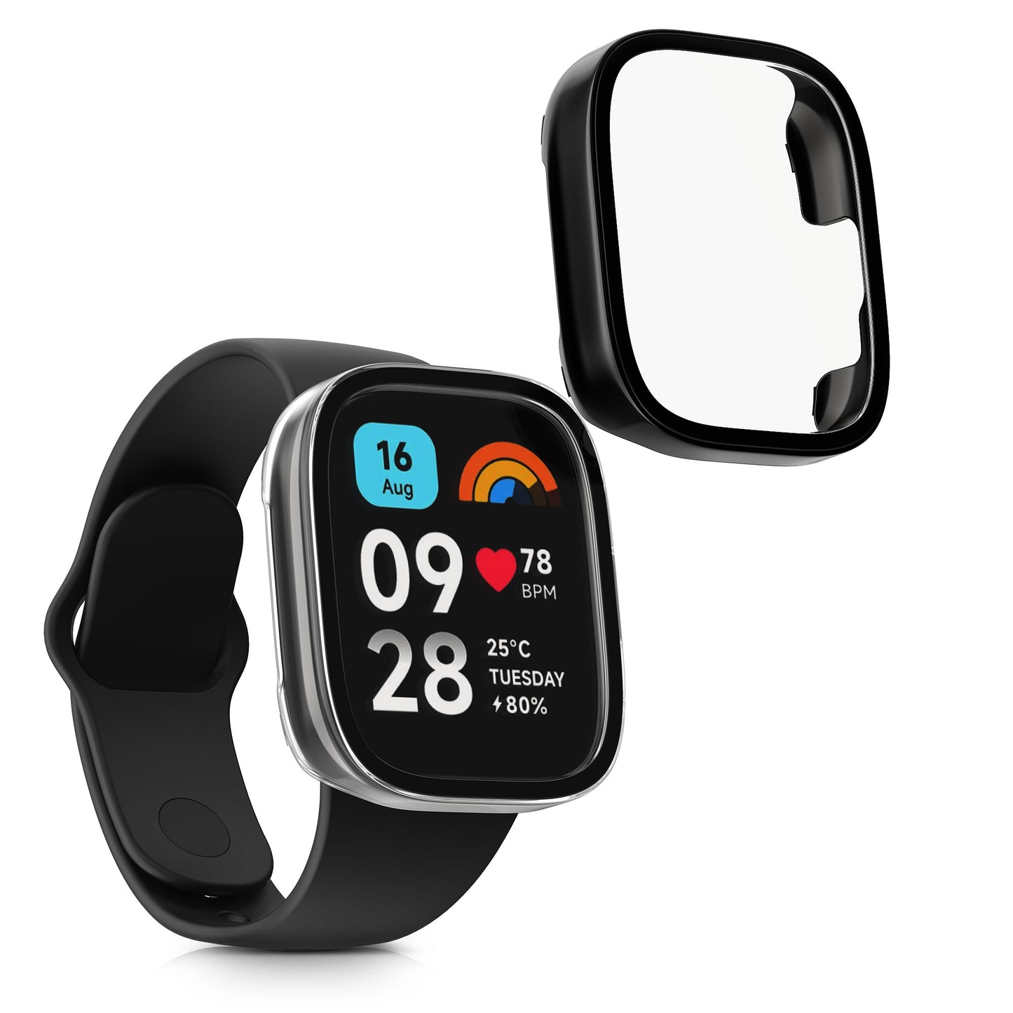 kwmobile Glas Hülle für Xiaomi Redmi Watch 3 Active / Redmi Watch 3 Lite Schutzhülle Fullbody Fitnesstracker Case Set