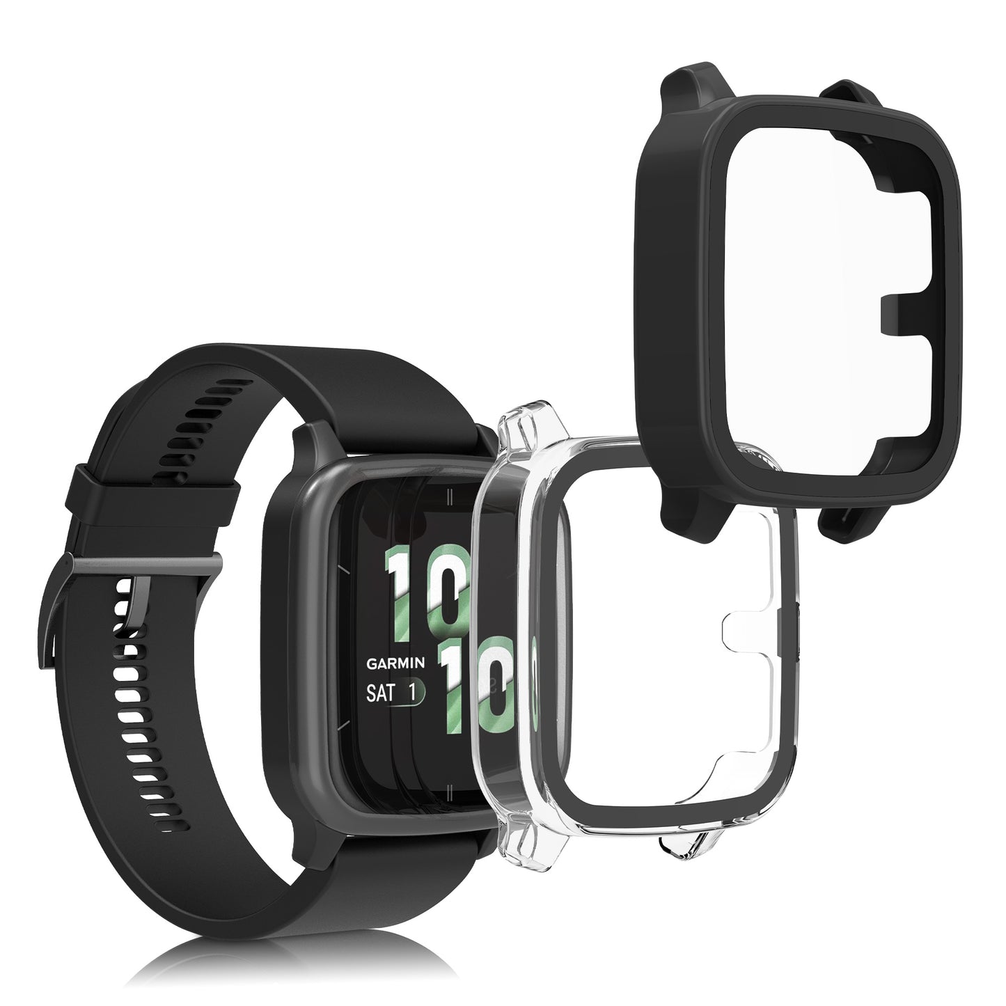 kwmobile 2x Cover kompatibel mit Garmin Venu Sq 2 Music / Sq 2 Hülle - Fullbody Fitnesstracker Case Set aus Glas - Transparent Schwarz Transparent  [dsg02]