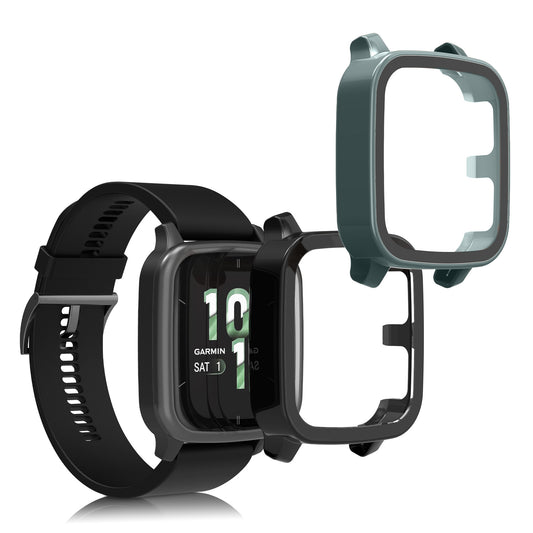 kwmobile 2x Cover kompatibel mit Garmin Venu Sq 2 Music / Sq 2 Hülle - Fullbody Fitnesstracker Case Set aus Glas - Schwarz Grün Schwarz  [dsg04]
