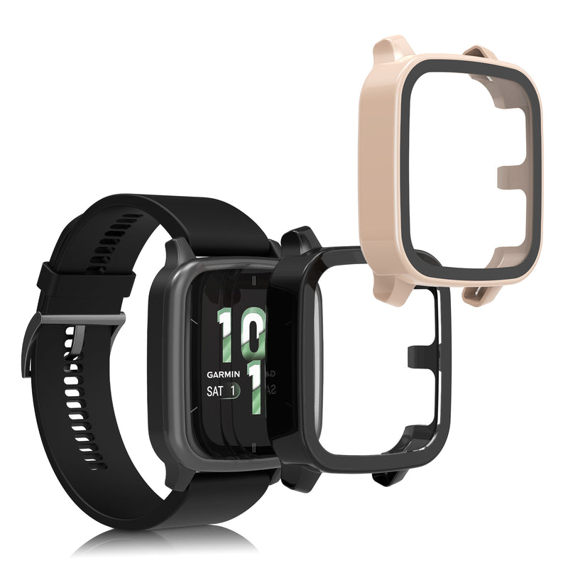 kwmobile 2x Cover kompatibel mit Garmin Venu Sq 2 Music / Sq 2 Hülle - Fullbody Fitnesstracker Case Set aus Glas - Schwarz Altrosa Schwarz  [dsg05]