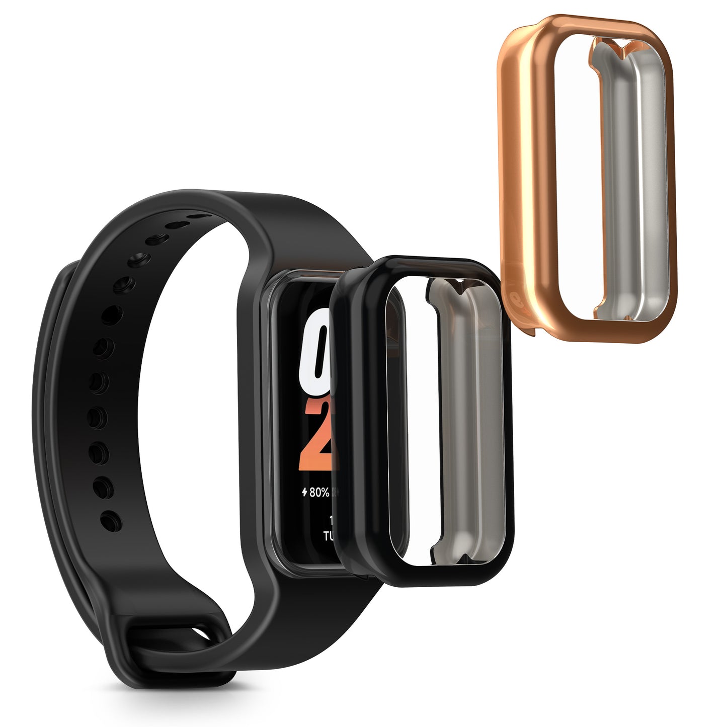 kwmobile 2x Schutzhülle kompatibel mit Xiaomi Smart Band 8 Active / Redmi Band 2 Hülle - Fullbody Cover Set aus Silikon - Schwarz Rosegold Schwarz  [dsg02]