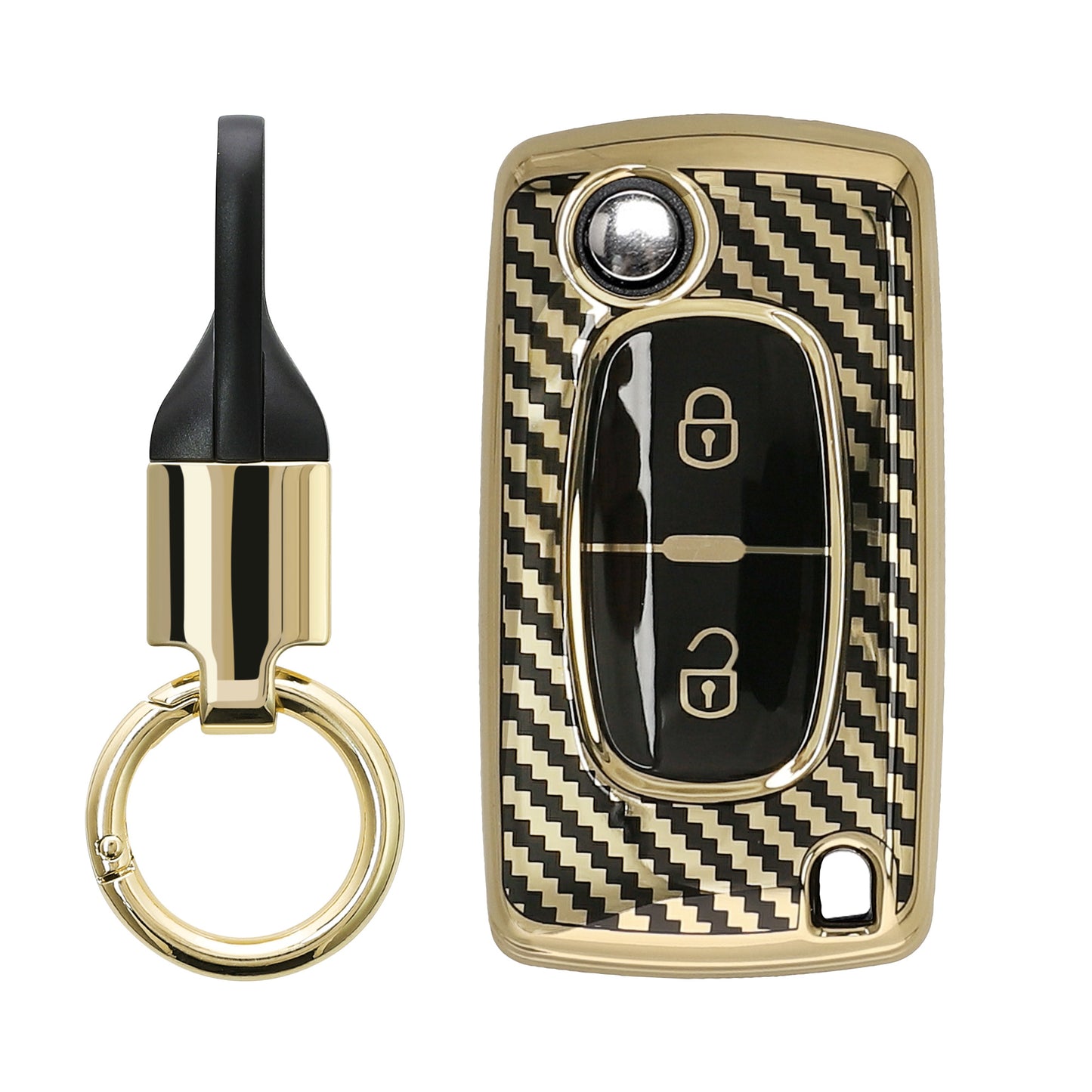 kwmobile Autoschlüssel Hülle kompatibel mit Peugeot Citroen 2-Tasten Klapp Autoschlüssel Hülle - Schlüsselhülle mit Key Ring Anhänger - Cover Gold Schwarz Gold  [dsg01]