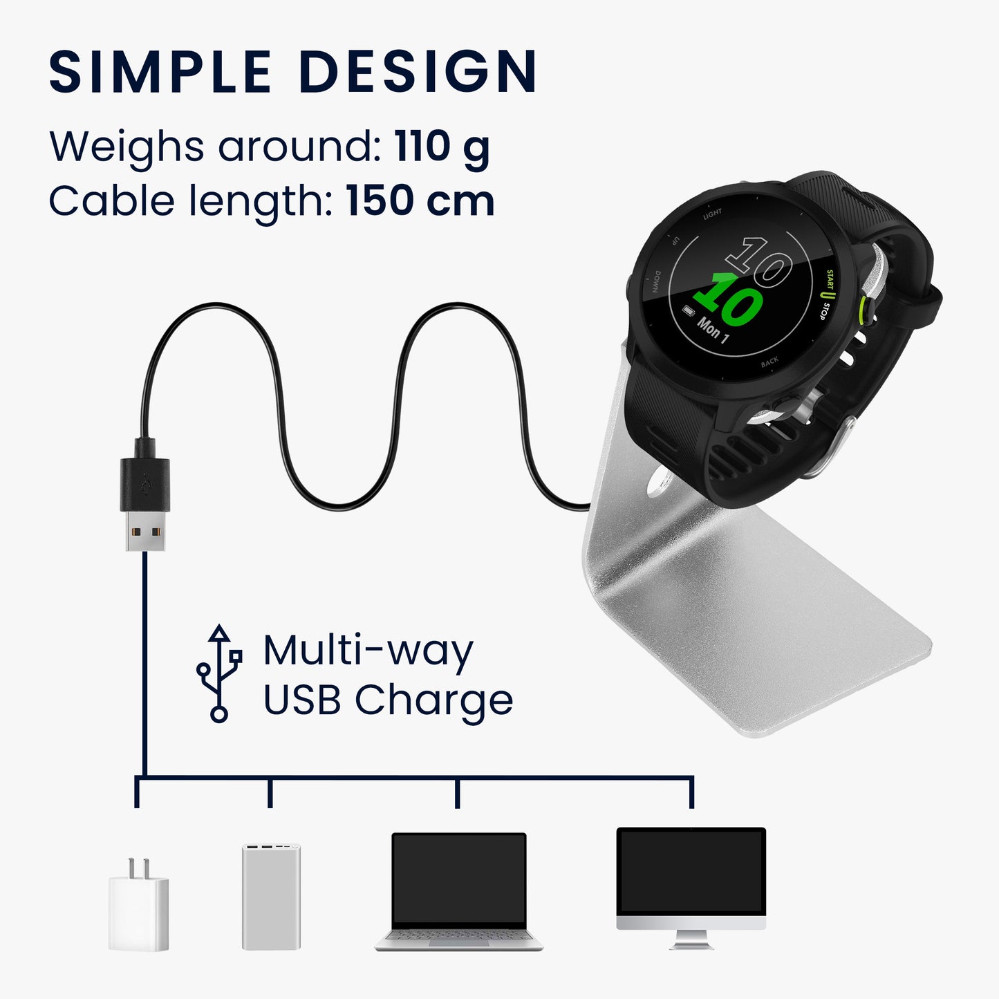 kwmobile USB Ladegerät kompatibel mit Garmin vivoactive 6 / vivoactive 5 / Forerunner 55 / 255 / 255 Music - USB Kabel Charger Stand - Smart Watch Ladestation - Ladekabel mit Standfunktion