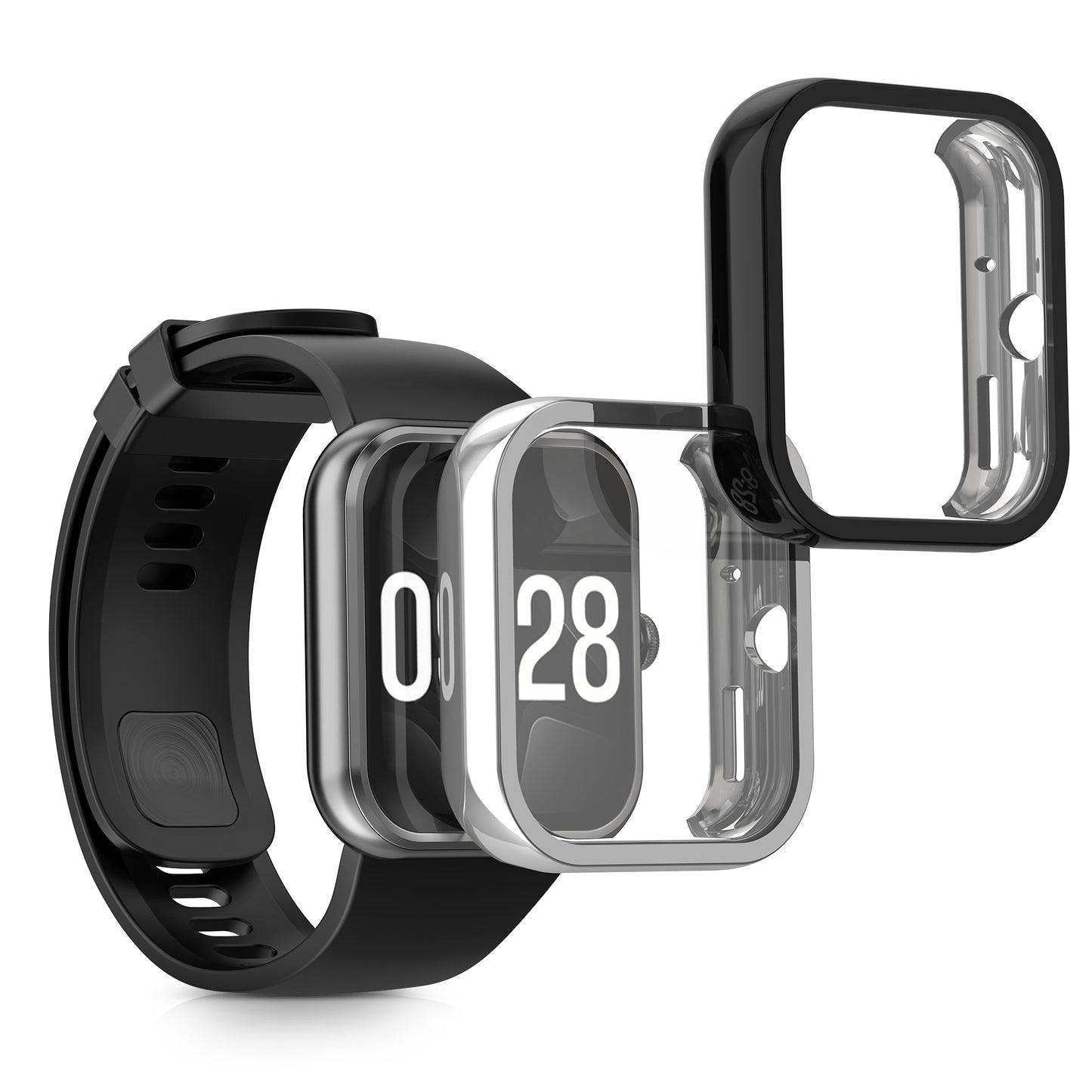 kwmobile 2x Schutzhülle kompatibel mit Xiaomi Redmi Watch 4 Hülle - Fullbody Cover Set aus Silikon - Schwarz Silber Schwarz  [dsg04]