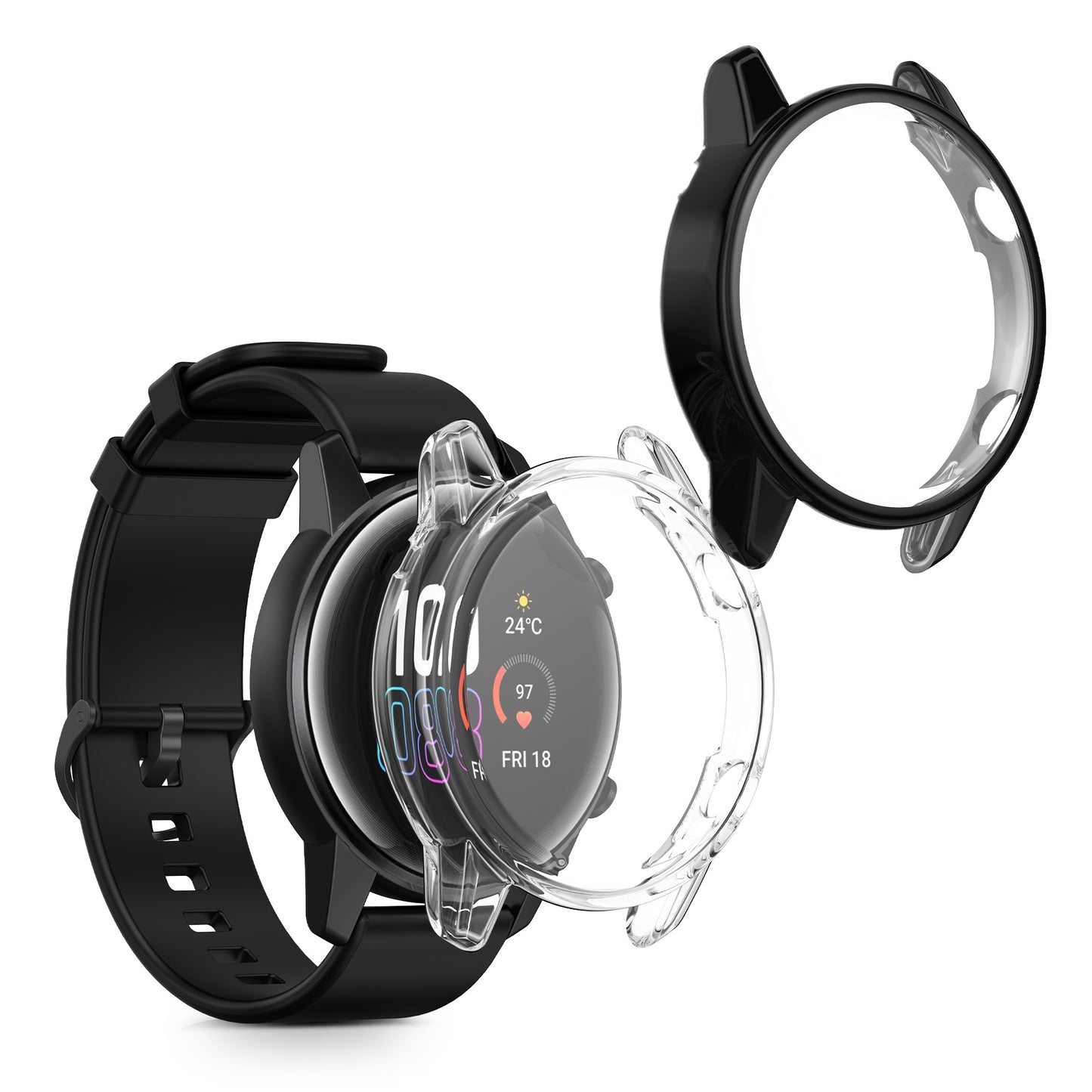 kwmobile 2x Schutzhülle kompatibel mit HONOR Magic Watch 2 46mm Hülle - Fullbody Cover Set aus Silikon - Transparent Schwarz Transparent  [dsg01]