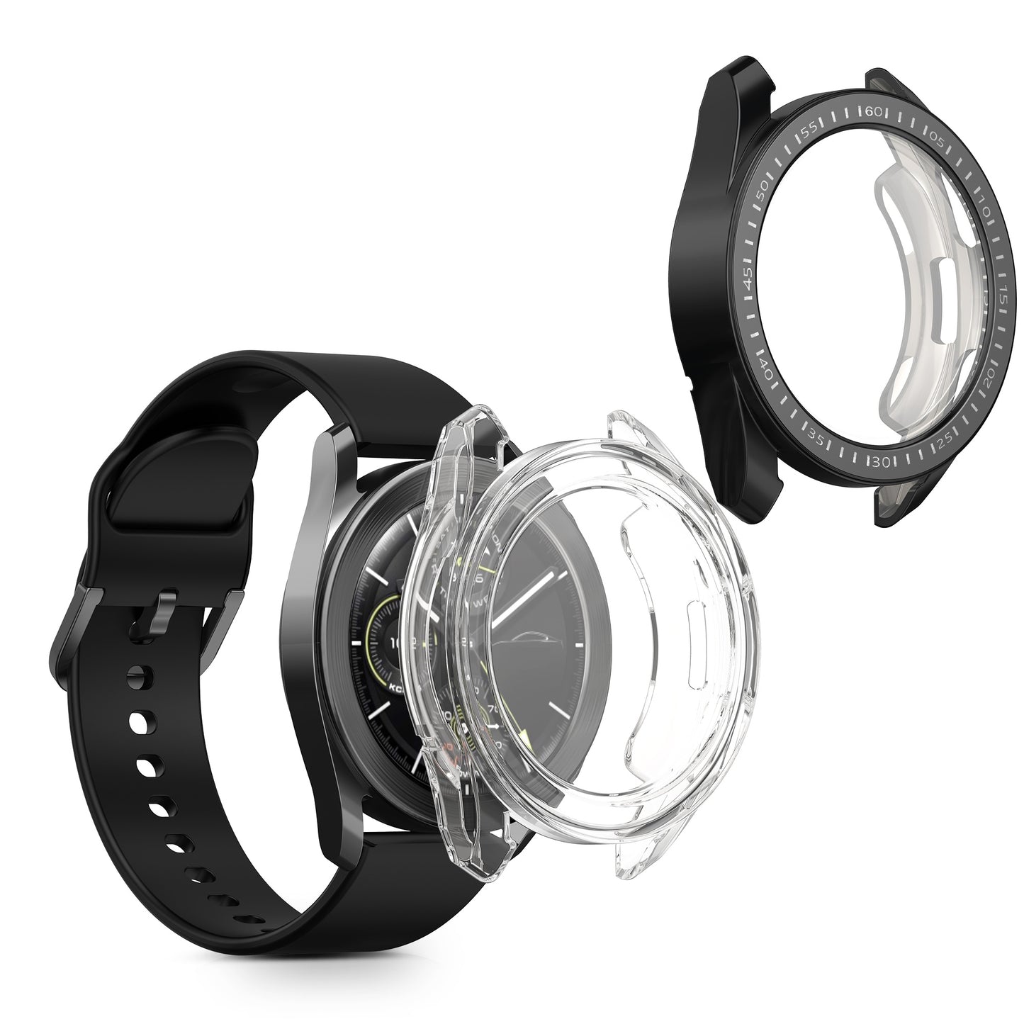 kwmobile 2x Schutzhülle kompatibel mit Xiaomi Watch S3 Hülle - Fullbody Cover Set aus Silikon - Transparent Schwarz Transparent  [dsg01]