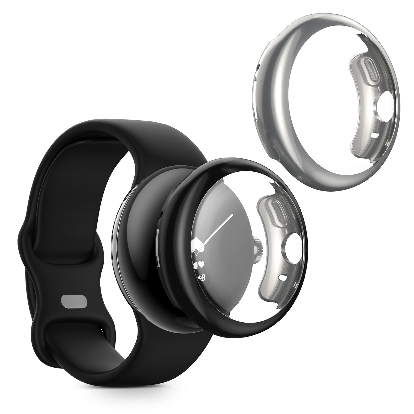 kwmobile 2x Schutzhülle kompatibel mit Google Pixel Watch 2 / Pixel Watch 1 Hülle - Fullbody Cover Set aus Silikon - Schwarz Silber Schwarz  [dsg03]