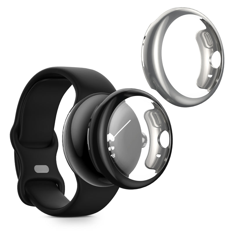 kwmobile 2x Schutzhülle kompatibel mit Google Pixel Watch 2 / Pixel Watch 1 Hülle - Fullbody Cover Set aus Silikon - Schwarz Silber Schwarz  [dsg03]