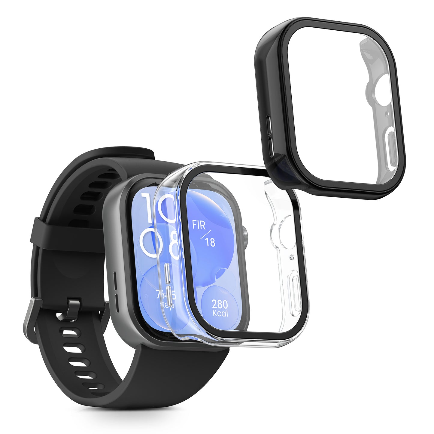 kwmobile 2x Cover kompatibel mit Huawei Watch Fit 3 Hülle - Fullbody Fitnesstracker Case Set aus Glas - Transparent Schwarz Transparent  [dsg01]