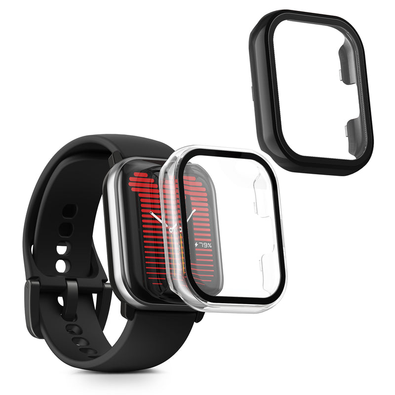 kwmobile 2x Cover kompatibel mit Amazfit Active (A2211) Hülle - Fullbody Fitnesstracker Case Set aus Glas - Transparent Schwarz Transparent  [dsg01]