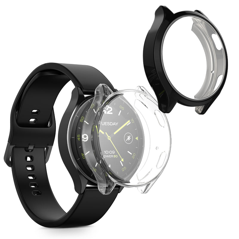 kwmobile 2x Schutzhülle kompatibel mit Xiaomi Watch 2 Hülle - Fullbody Cover Set aus Silikon - Schwarz Transparent Schwarz  [dsg01]