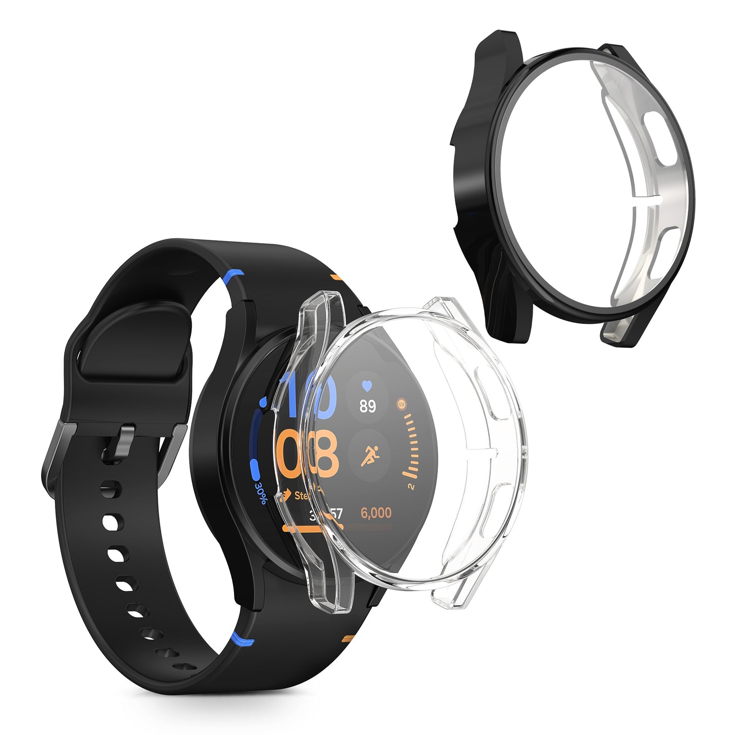 kwmobile 2x Schutzhülle kompatibel mit Samsung Galaxy Watch FE 40mm Hülle - Fullbody Cover Set aus Silikon - Transparent Schwarz Transparent  [dsg02]