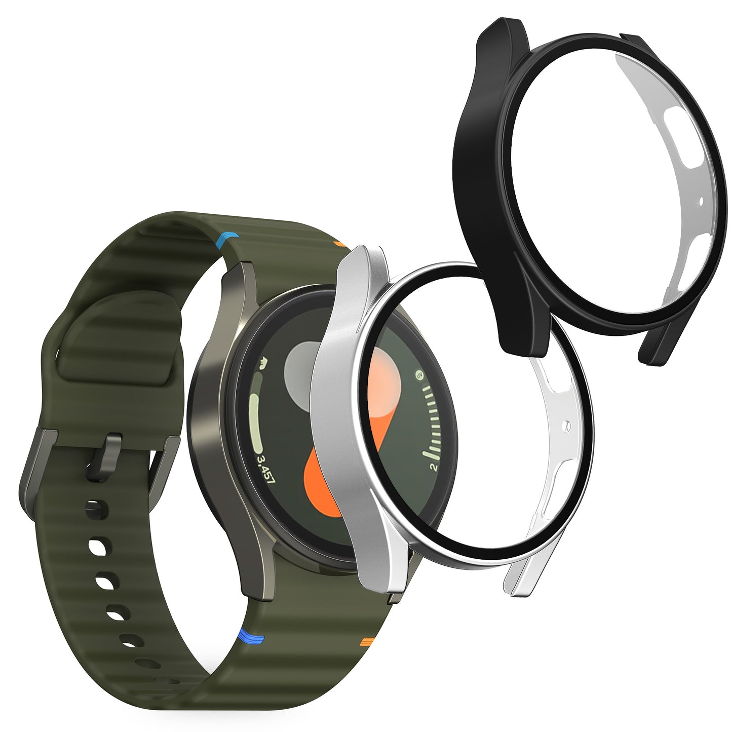 kwmobile 2x Cover kompatibel mit Samsung Galaxy Watch 7 40mm Hülle - Fullbody Fitnesstracker Case Set aus Glas - Schwarz Silber Schwarz  [dsg02]