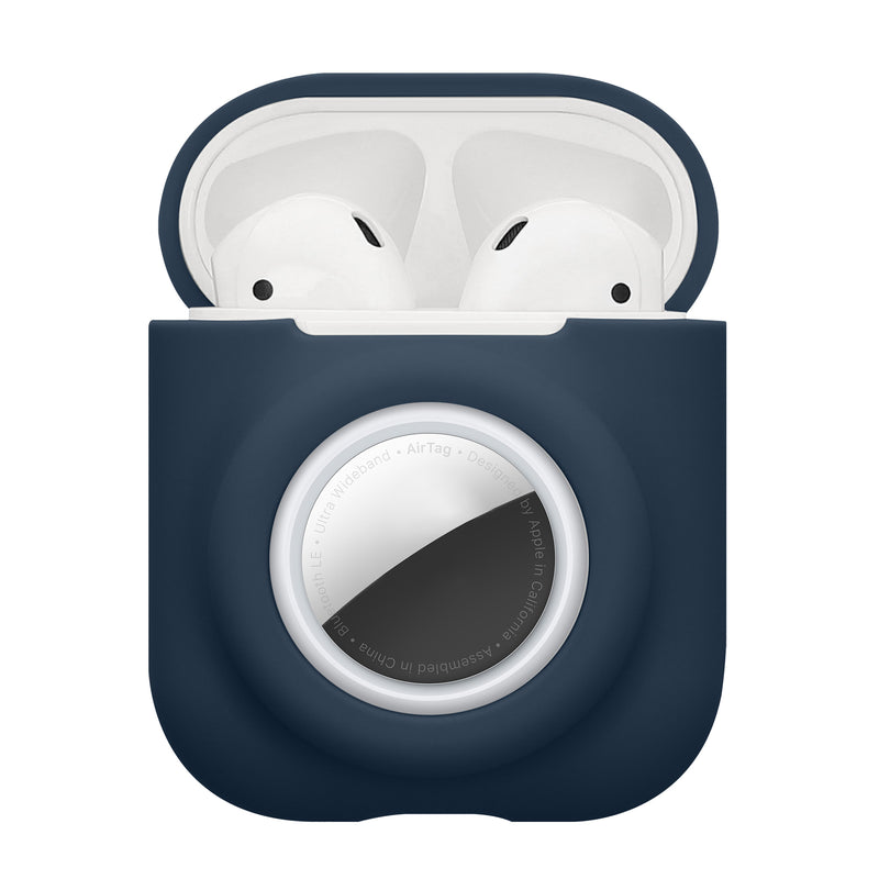 kwmobile 2-in1 Hülle kompatibel mit Apple Airpods 1 & 2 - Kopfhörer Case kompatibel mit Airtag - Weiches Silikon Cover - Schutzhülle mit Karabiner - Dunkelblau Dunkelblau  