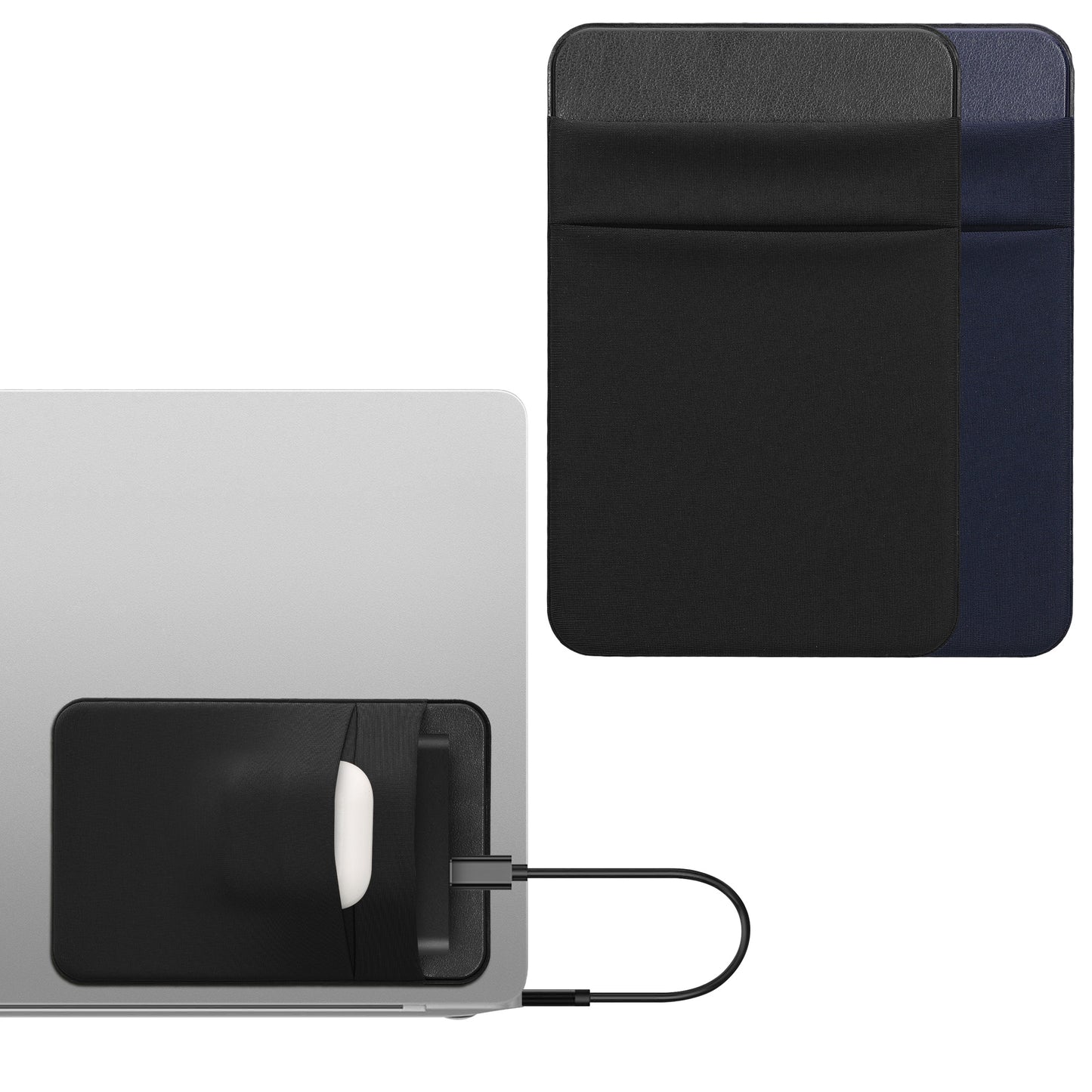 kwmobile 2x Tasche kompatibel mit SanDisk Portable SSD, Samsung T7, Crucial X8, HDD - Set Halterung für externe SSD Festplatte - 13x8cm - Elastisches Case Hülle selbstklebend Schwarz Dunkelblau Schwarz  [dsg01]