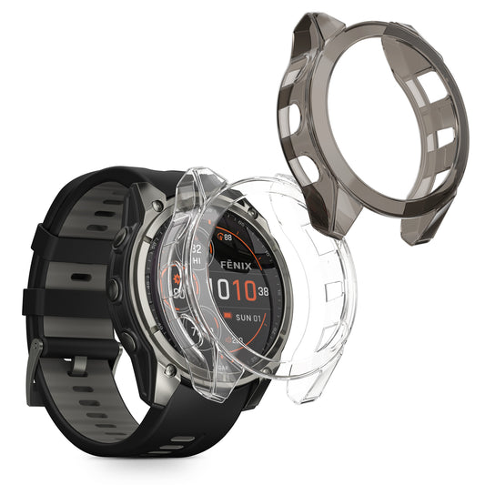 kwmobile 2x Sport Schutzhülle kompatibel mit Garmin Fenix 8 51mm Hülle - Silikon Cover klar - Case ohne Tracker - Schwarz Transparent Schwarz  [dsg01]