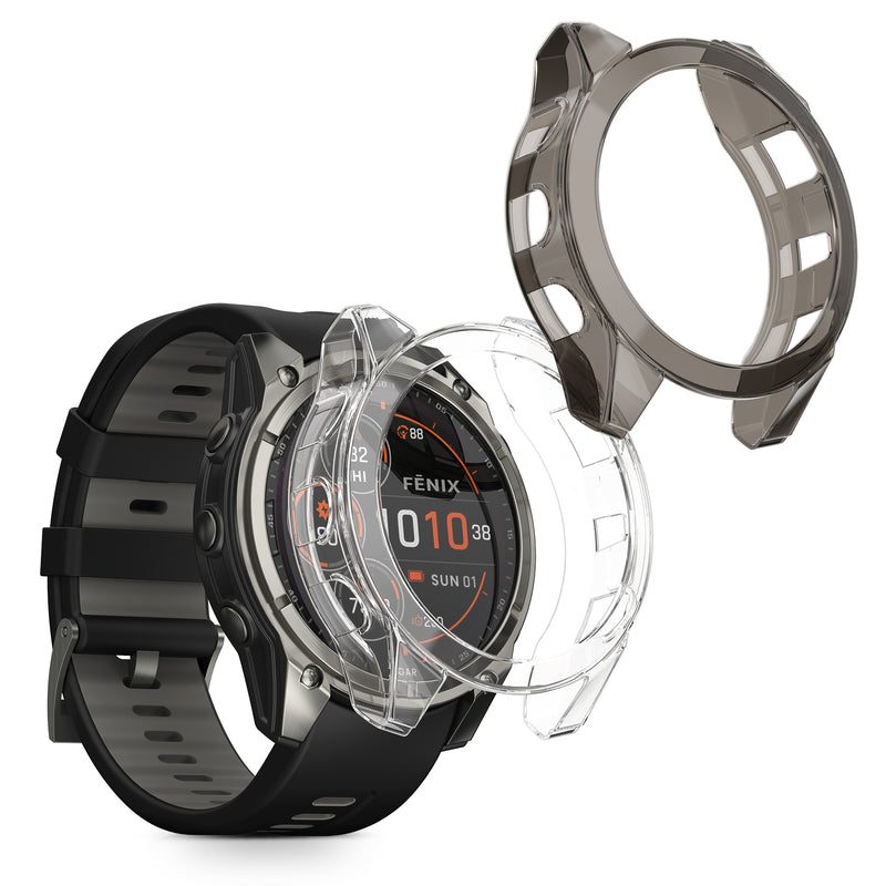 kwmobile 2x Sport Schutzhülle kompatibel mit Garmin Fenix 8 51mm Hülle - Silikon Cover klar - Case ohne Tracker - Schwarz Transparent Schwarz  [dsg01]