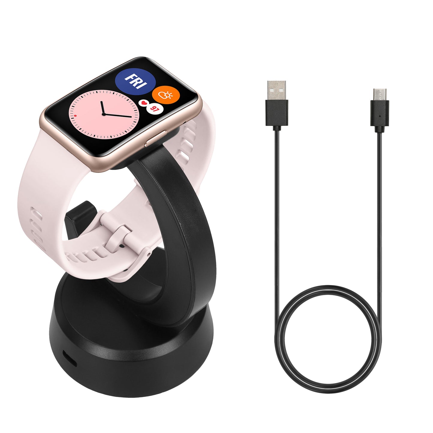 kwmobile USB Ladegerät kompatibel mit Huawei Watch Fit / Band 9 / Band 8 / Band 7 / Band 6 / Watch Fit 3 - USB Kabel Charger Stand - Smart Watch Ladestation - Ladekabel mit Standfunktion in Schwarz Schwarz  