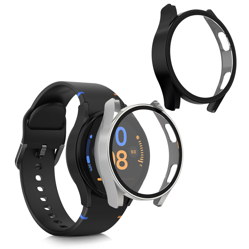 kwmobile 2x Cover kompatibel mit Samsung Galaxy Watch FE 40mm Hülle - Fullbody Fitnesstracker Case Set aus Glas - Schwarz Silber Schwarz  [dsg02]