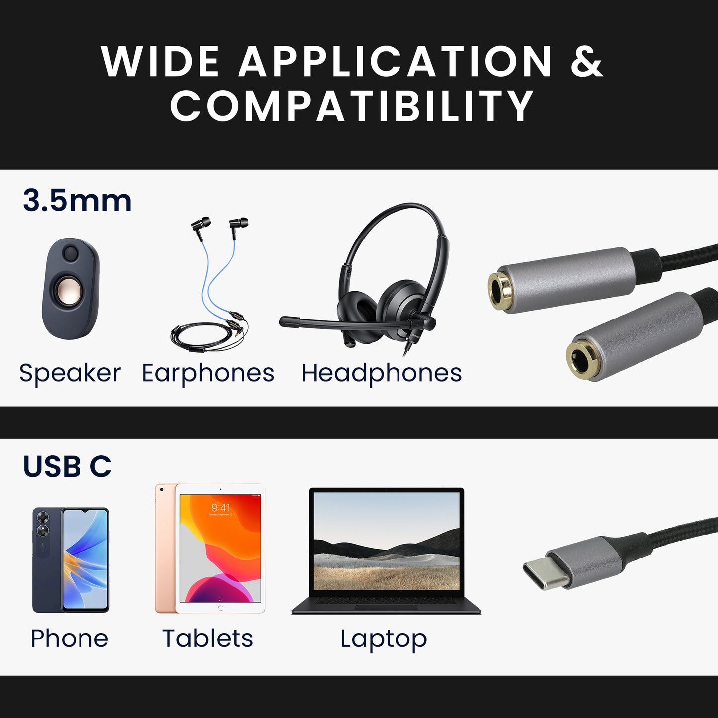 kwmobile USB C Kopfhörer Splitter für USB C Headphone / Headset USB C Adapter - USB-C auf Klinke Audio Kabel Splitter aus Nylon