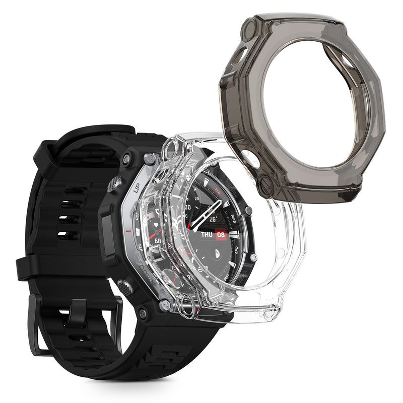 kwmobile 2x Sport Schutzhülle kompatibel mit Huami Amazfit T-Rex 3 Hülle - Silikon Cover klar - Case ohne Tracker - Transparent Schwarz Transparent  [dsg01]