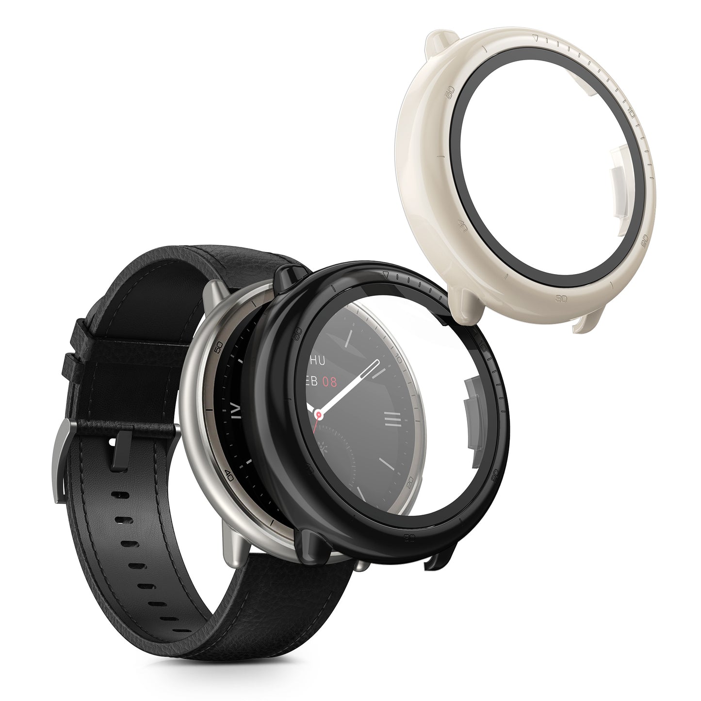 kwmobile 2x Cover kompatibel mit Amazfit Active2 (A2437) Hülle - Fullbody Fitnesstracker Case Set aus Glas - Schwarz Beige Schwarz  [dsg03]