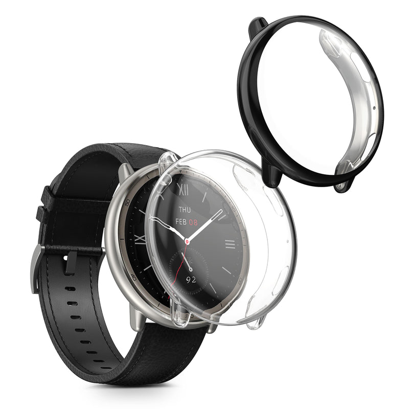 kwmobile 2x Schutzhülle kompatibel mit Amazfit Active2 (A2437) Hülle - Fullbody Cover Set aus Silikon - Transparent Schwarz Transparent  [dsg01]