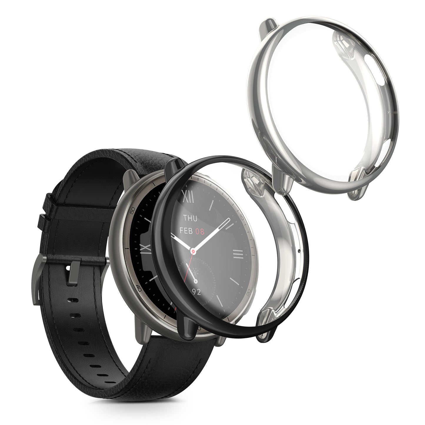 kwmobile 2x Schutzhülle kompatibel mit Amazfit Active2 (A2437) Hülle - Fullbody Cover Set aus Silikon - Silber Schwarz Silber  [dsg02]