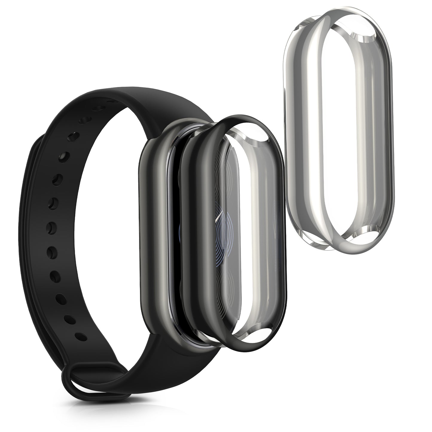 kwmobile 2x Schutzhülle kompatibel mit Xiaomi Mi Band 9 / Smart Band 9 Hülle - Fullbody Cover Set aus Silikon - Schwarz Silber Schwarz  [dsg02]
