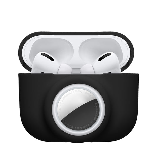 kwmobile 2-in1 Hülle kompatibel mit Apple Airpods Pro (1.Gen) - Kopfhörer Case kompatibel mit Airtag - Weiches Silikon Cover - Schutzhülle mit Karabiner - Schwarz Schwarz  
