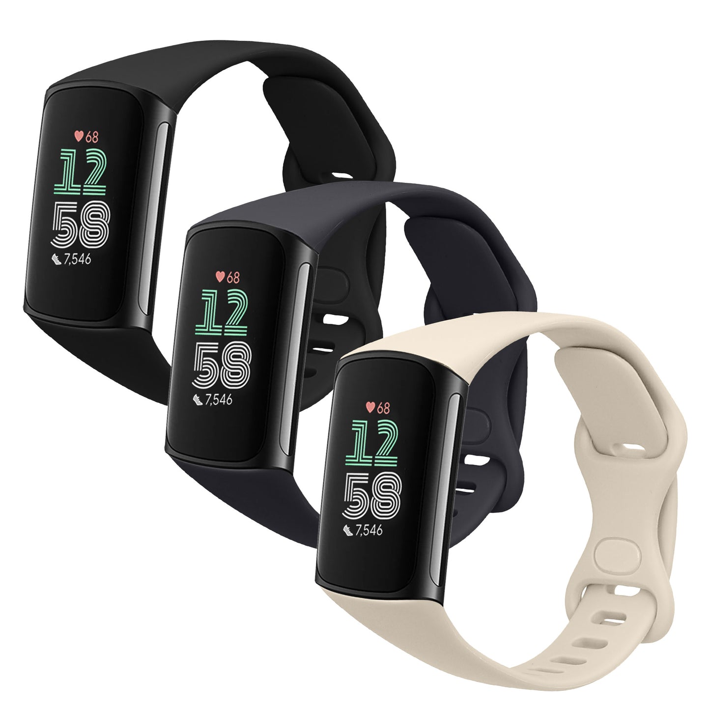 kwmobile 3x Uhrenarmband für Fitbit Charge 6 / Charge 5 Armband - Fitnesstracker Band Set aus TPU Silikon - Ersatzarmband Smartwatch - Schwarz Dunkelblau Weiß Schwarz  [dsg01]