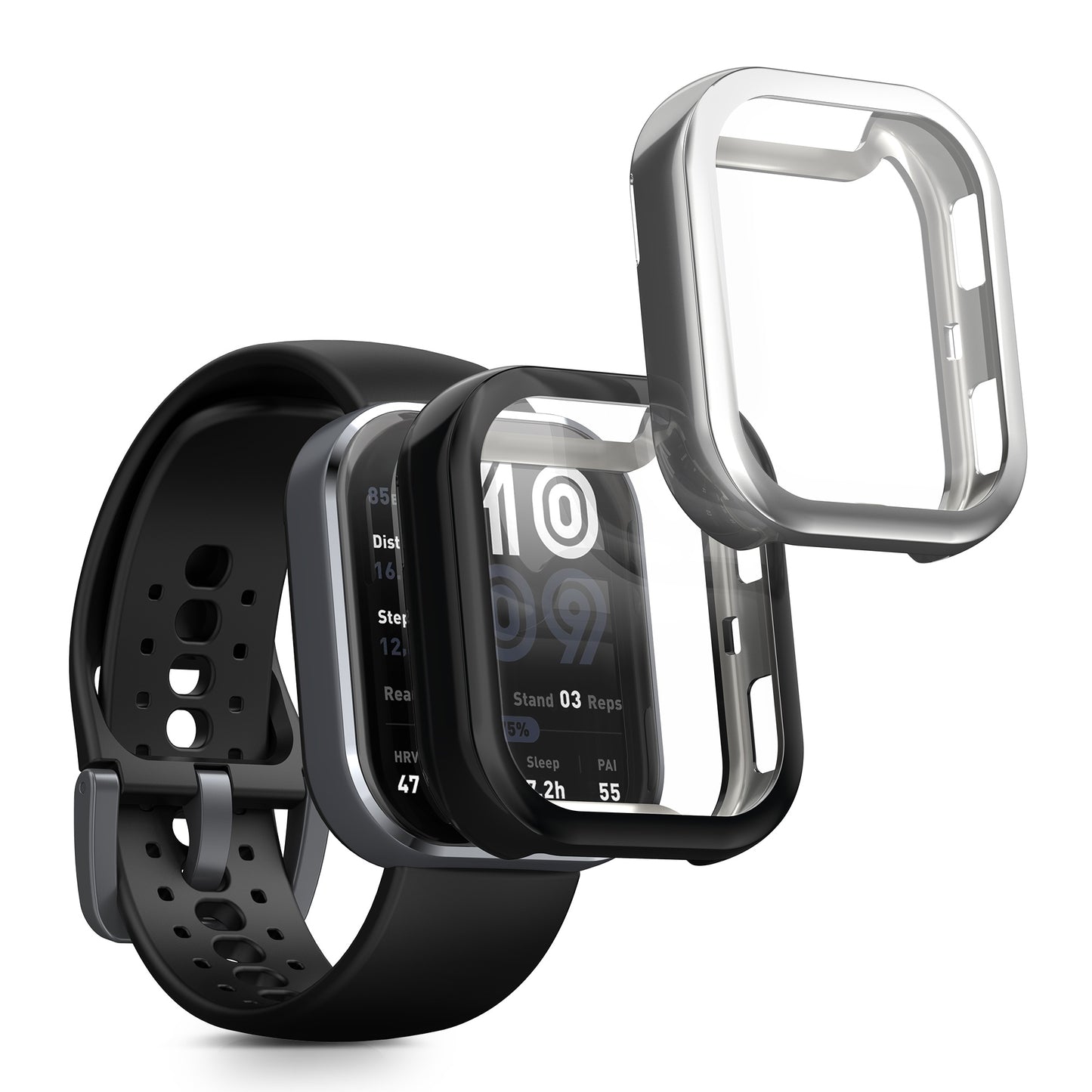 kwmobile 2x Schutzhülle kompatibel mit Amazfit Bip 6 Hülle - Fullbody Cover Set aus Silikon - Schwarz Silber Schwarz  [dsg02]