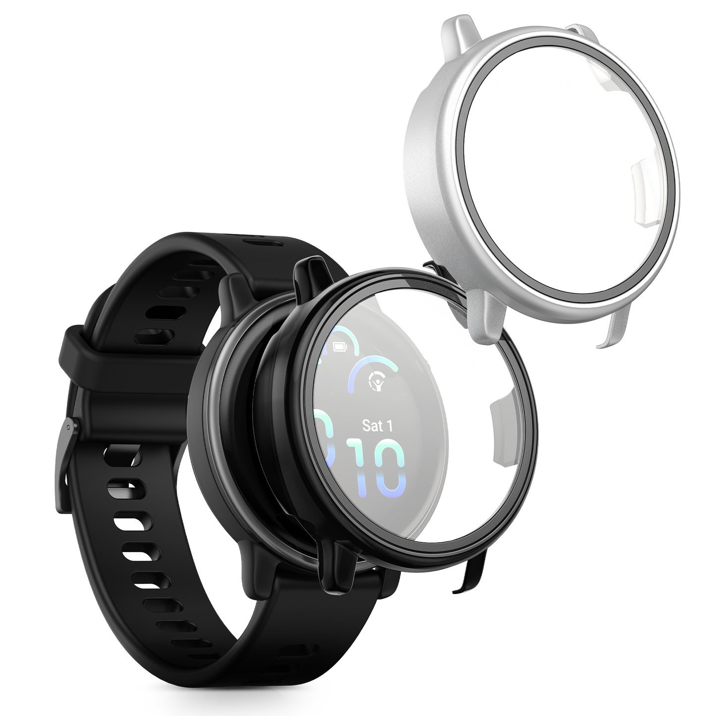 kwmobile 2x Cover kompatibel mit Garmin vivoactive 6 (42mm) / Active 6 Hülle - Fullbody Fitnesstracker Case Set aus Glas - Schwarz Silber Schwarz  [dsg02]