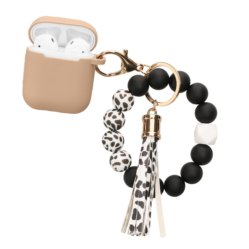 kwmobile Hülle für Apple Airpods 1 & 2 Case mit Schlaufe - Silikon Schutzhülle mit Schlüsselanhänger - Kopfhörer Cover in Cappuccino Schwarz Cappuccino  [dsg02]