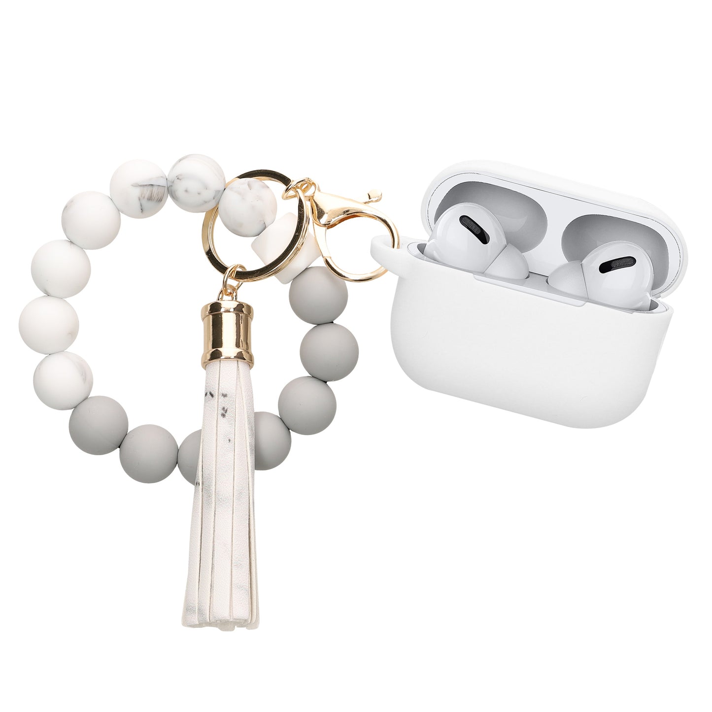 kwmobile Hülle für Apple Airpods Pro 2 Case mit Schlaufe - Silikon Schutzhülle mit Schlüsselanhänger - Kopfhörer Cover in Weiß Grau Weiß  [dsg01]