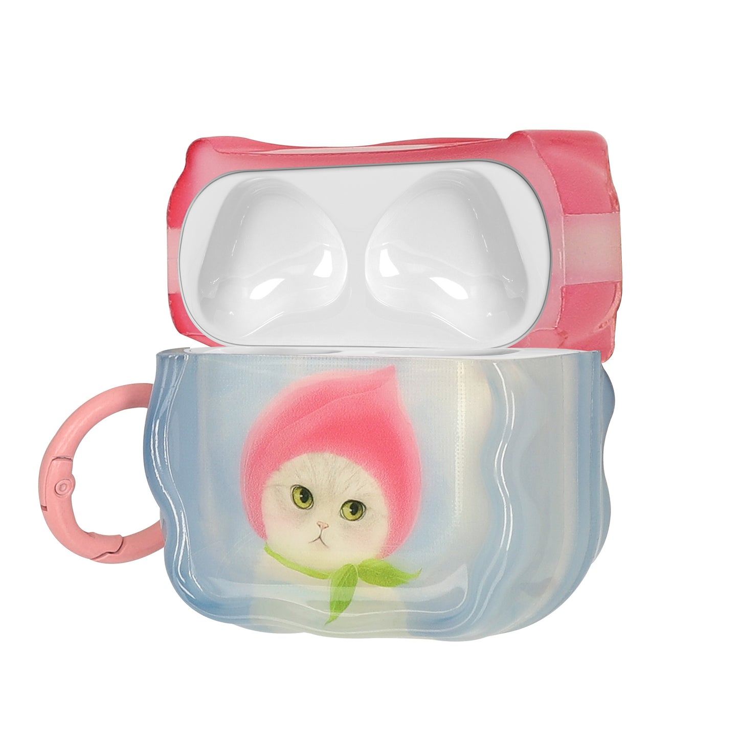 kwmobile In-Ear Kopfhörer Case für Apple Airpods 4 Hülle mit Karabiner - Headphones Case - Earphones Cover Etui - Katze mit Pfirsichhut Blau  [dsg04]