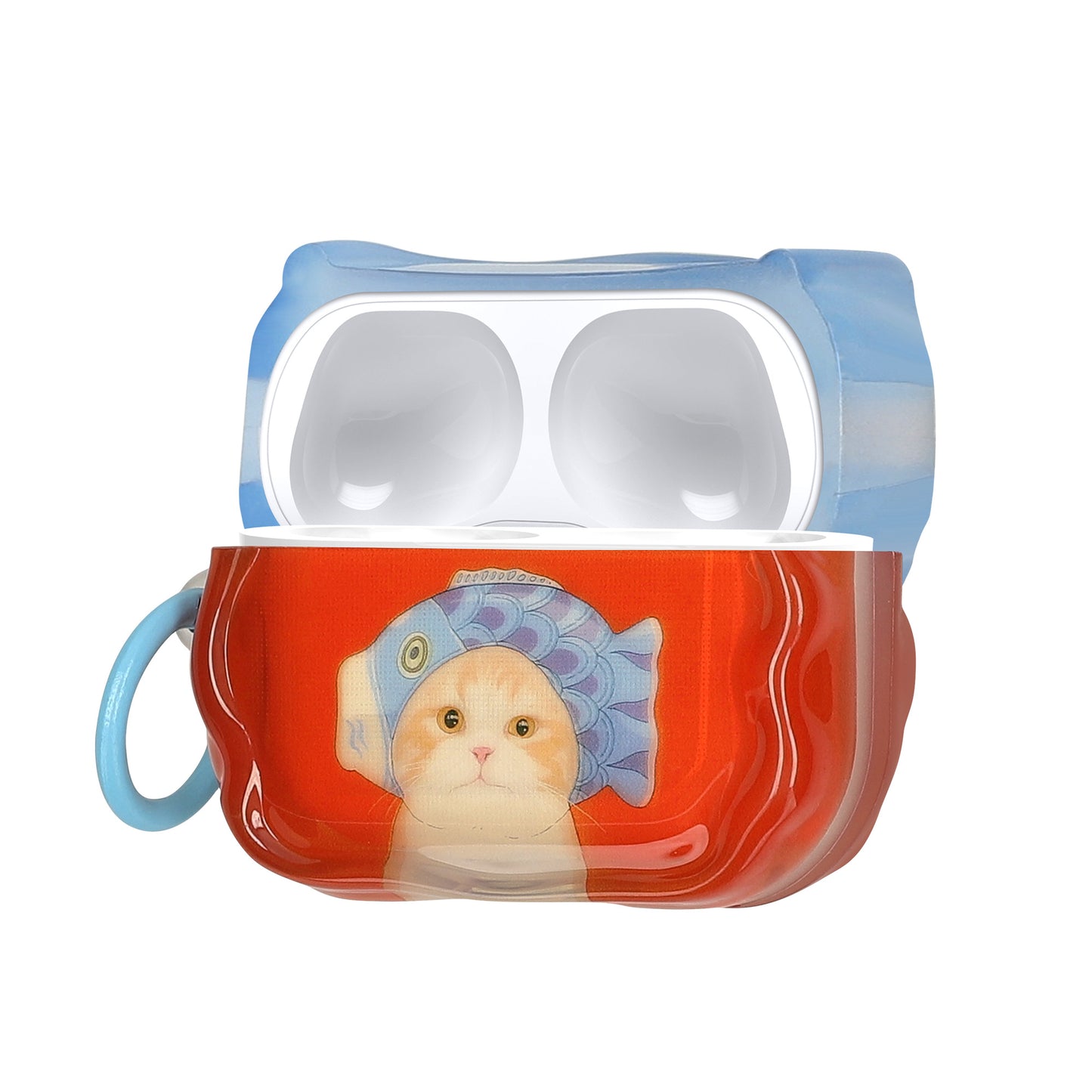 kwmobile In-Ear Kopfhörer Case für Apple Airpods Pro 2 / Pro 1 Hülle mit Karabiner - Headphones Case - Earphones Cover Etui - Katze mit Fischhut Rot  [dsg03]