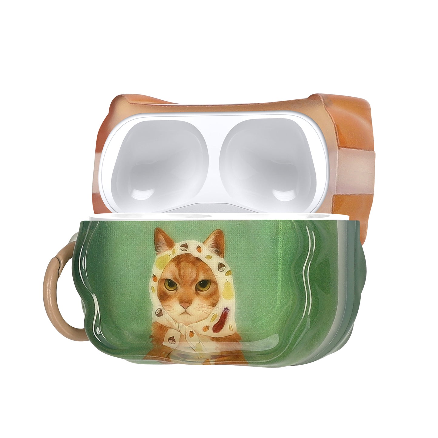 kwmobile In-Ear Kopfhörer Case für Apple Airpods Pro 2 / Pro 1 Hülle mit Karabiner - Headphones Case - Earphones Cover Etui - Katze mit Tuch Grün  [dsg05]