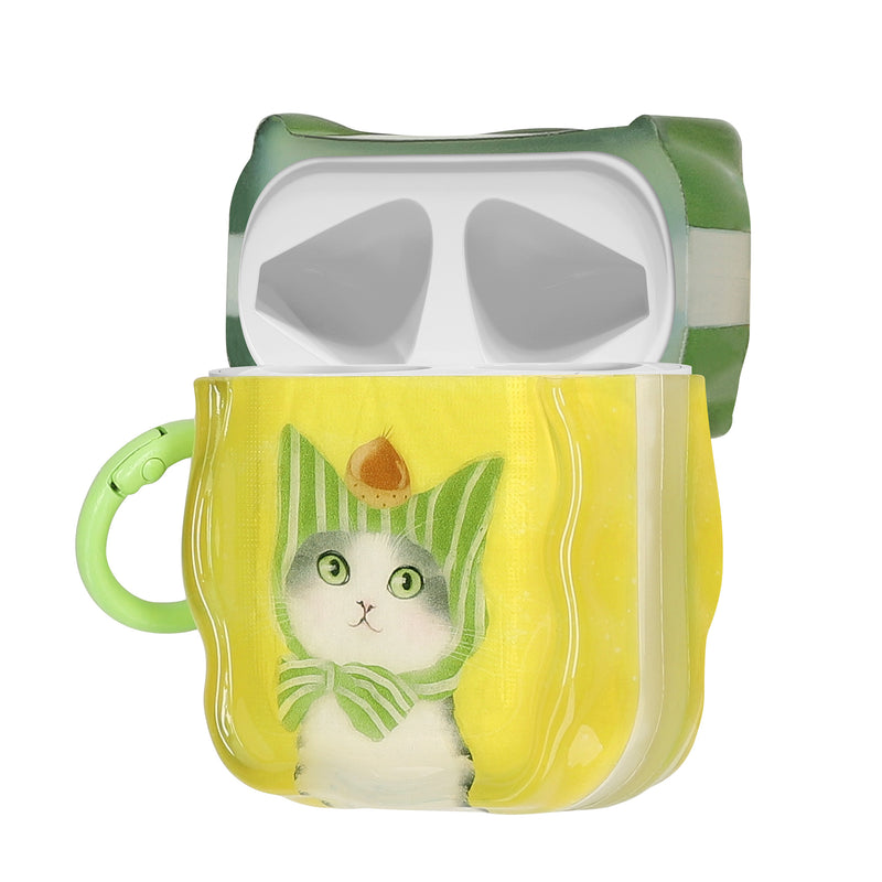 kwmobile In-Ear Kopfhörer Case für Apple Airpods 1 & 2 Hülle mit Karabiner - Headphones Case - Earphones Cover Etui - Katze & Kastanie Grün  [dsg01]