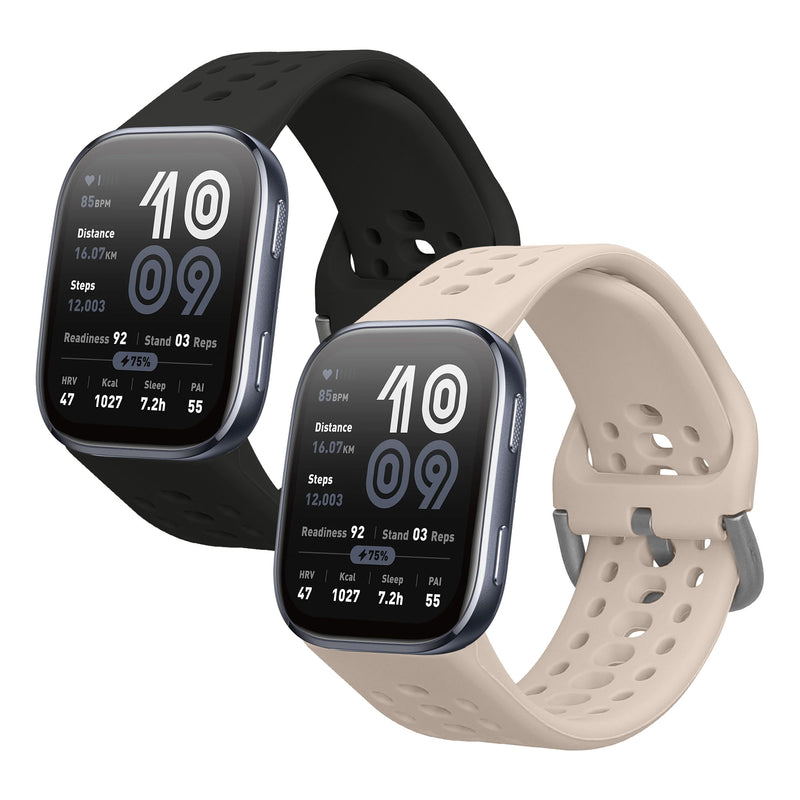 kwmobile 2x Uhrenarmband für 22mm Amazfit Bip 6 / Bip 5 Unity / Bip 5 / GTS 3 / Balance 2 / Helio Strap Armband - Fitnesstracker Band Set aus TPU Silikon - Ersatzarmband Smartwatch - Schwarz Beige Schwarz  [dsg06]