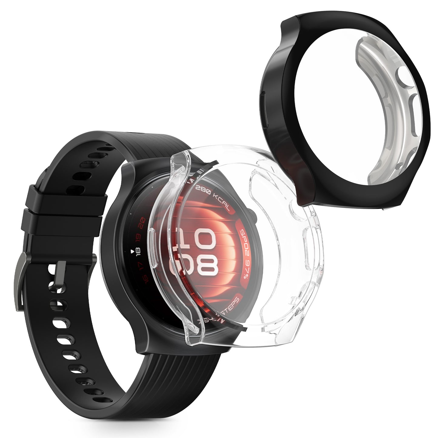 kwmobile 2x Schutzhülle kompatibel mit Huawei Watch 5 42mm Hülle - Fullbody Cover Set aus Silikon - Transparent Schwarz Transparent  [dsg01]