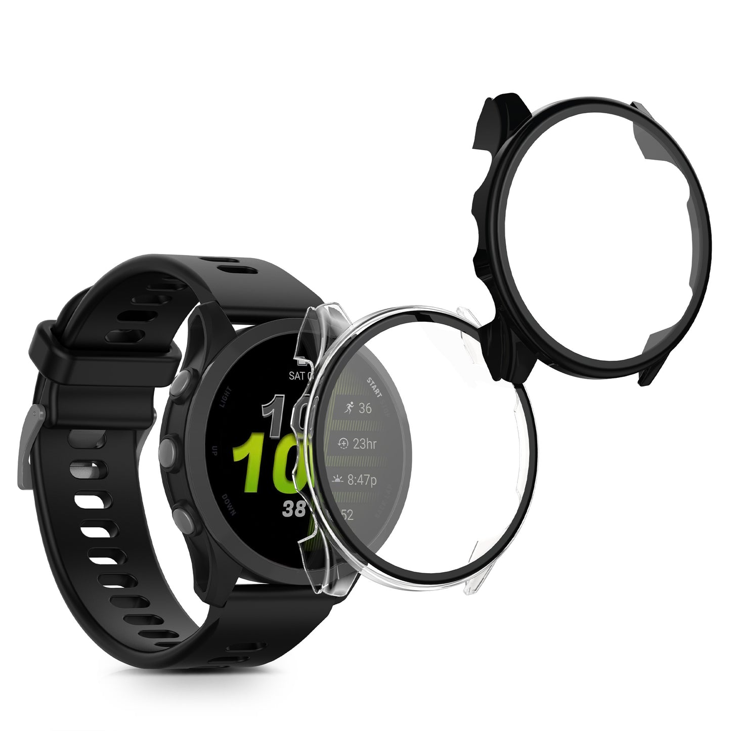 kwmobile 2x Cover kompatibel mit Garmin Forerunner 970 47mm Hülle - Fullbody Fitnesstracker Case Set aus Glas - Transparent Schwarz Transparent  [dsg01]