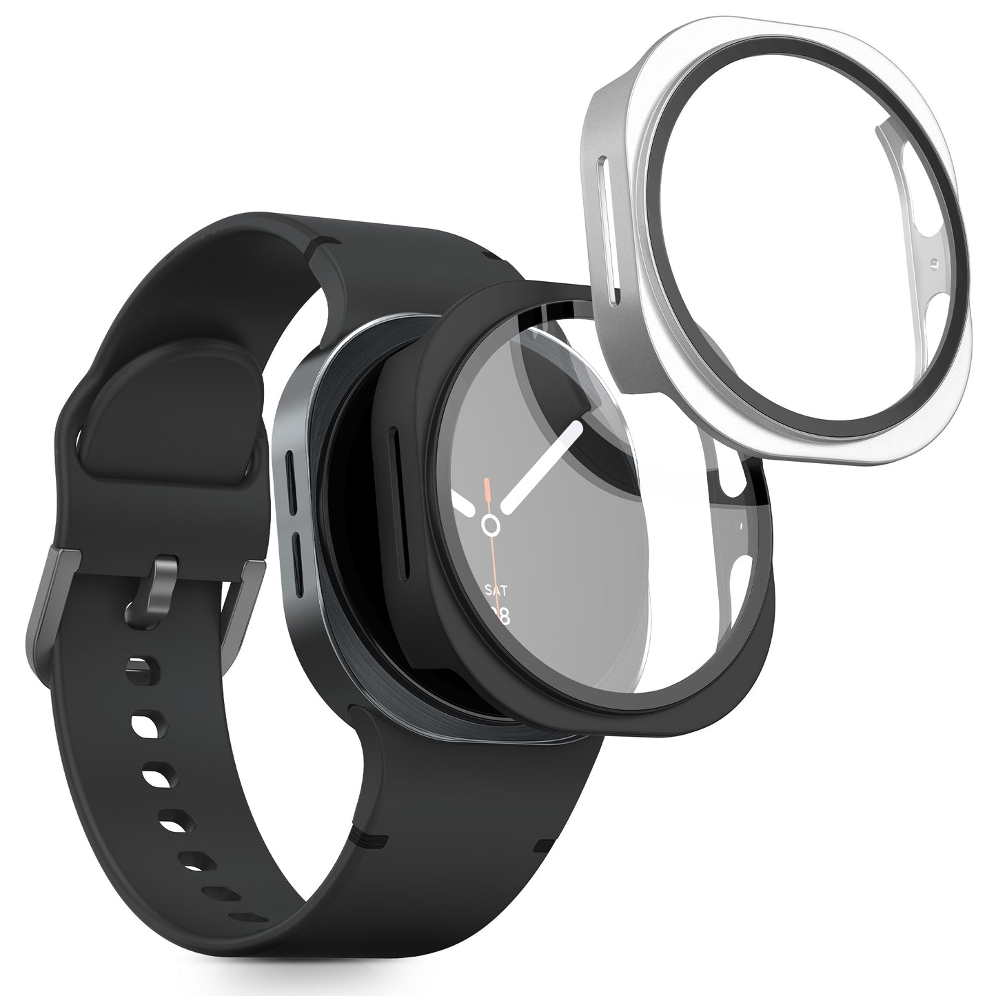 kwmobile 2x Cover kompatibel mit Samsung Galaxy Watch 8 (40mm) Hülle - Fullbody Fitnesstracker Case Set aus Glas - Schwarz Silber Schwarz  [dsg02]
