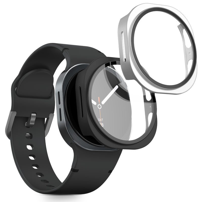 kwmobile 2x Cover kompatibel mit Samsung Galaxy Watch 8 (44mm) Hülle - Fullbody Fitnesstracker Case Set aus Glas - Schwarz Silber Schwarz  [dsg02]